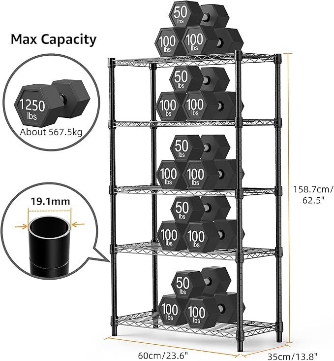 1250 lbs Storage Shelving Utility Shelving Unit 5-Tier Utility Shelving Unit Steel Organizer Wire Rack for Home,Kitchen,Office (13.7" D x 23.6" W x 62.4" H)