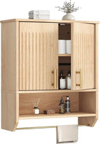 HOOBRO Fluted Bathroom Wall Cabinet, Farmhouse Medicine Cabinet with 2 Fluted Doors, Wall Storage Shelf with Towel Rack, Adjustable Shelf, for Small Spaces, Bathroom, Kitchen, Natural