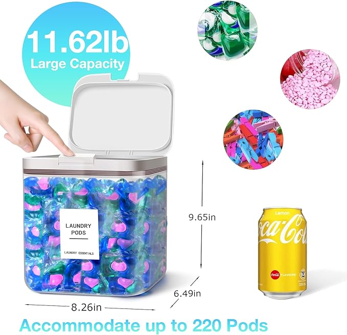 186oz/5.5L Laundry Pods Container for Room Organization, Pod Up Holder With 30 Labels and Scoop, Detergent Powder Container, Dryer Sheet Holder, 220 Pods