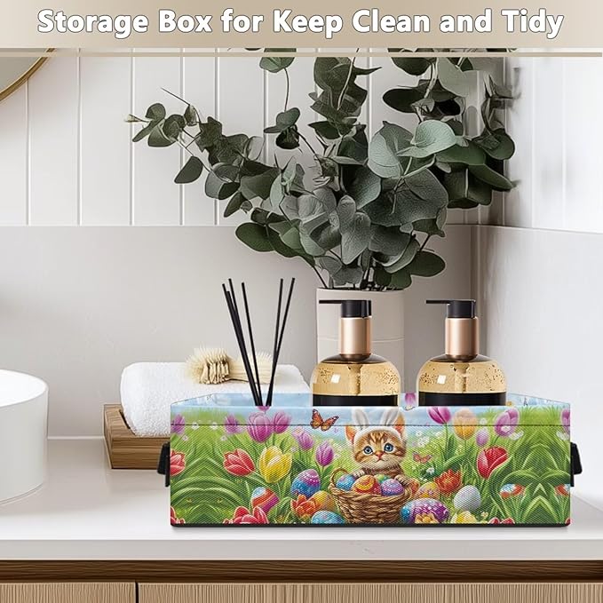 Toilet Paper Storage Basket for Bathroom Organizing, Small Storage Bins Rectangular Narrow Organizer Bathroom Essentials Storage Container, Easter Cat Eggs Tulip Flower Butterfly