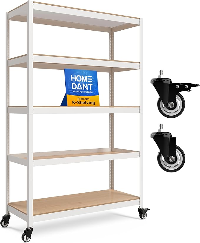 HOMEDANT House 5 Tier Heavy Duty Garage Shelving Adjustable Metal Rack Storage Shelves Standing Shelf Unit Organizers Pantry Closet Office (1, White, (Wheels) 48.1" W x 18.5" D)