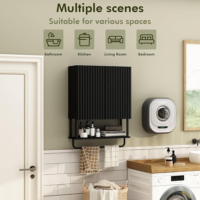 RUSTOWN Fluted Bathroom Wall Cabinet with 2 Doors, 3-Tier Modern Farmhouse Medicine Cabinet, Over The Toilet Storage Cabinet with Adjustable Shelf and Towel Bar (Black, Medium)