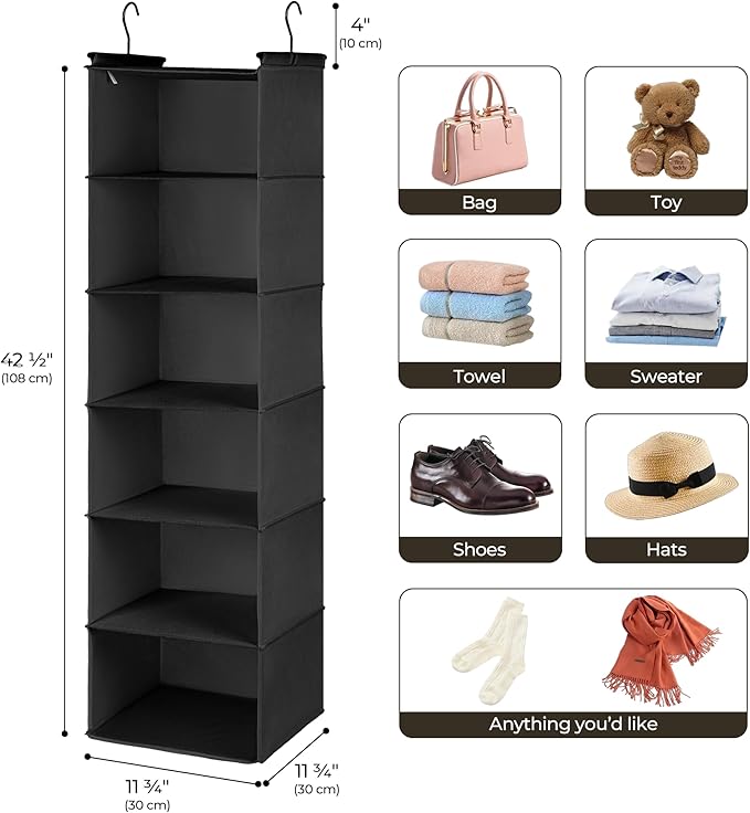 GRANNY SAYS 6 Shelf Hanging Closet Organizers and Storage, Collapsible Closet Hanging Organizer with 2 Sturdy Hooks, Large Hanging Shelves for Weekly Clothes Organizer, Black