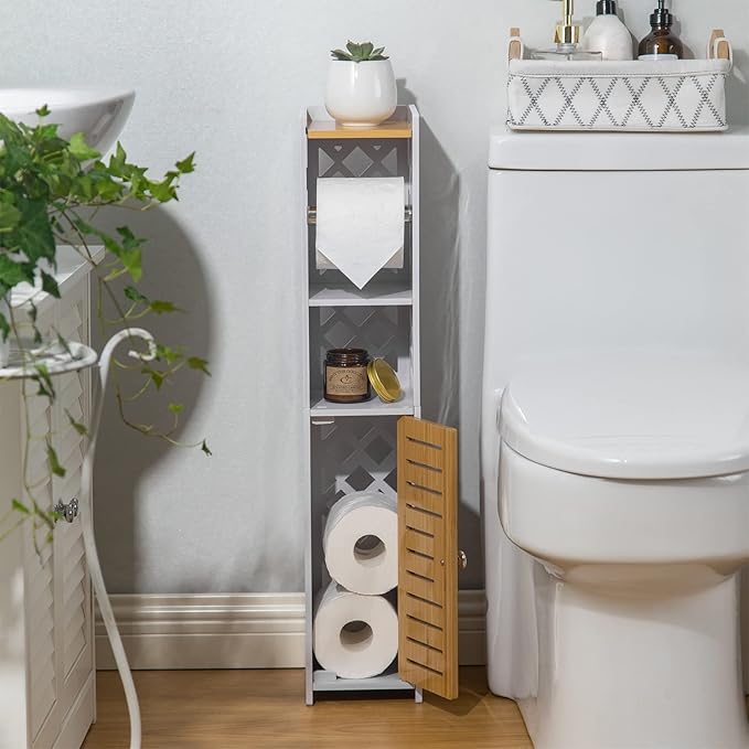 Toilet Paper Holder Stand: Bathroom Stand with Toilet Paper Holder Insert,Slim Storage Cabinet for Small Space