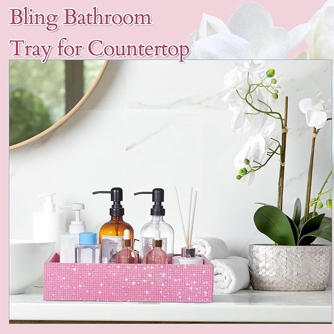 Honeydak Bling Rhinestone Bathroom Basket with Handle 13" x 6" x 3" Toilet Tank Tray, Crushed Diamond Bathroom Decor Accessories, Back of Toilet Storage Organizer, Sparkly Gifts for Women(Pink)