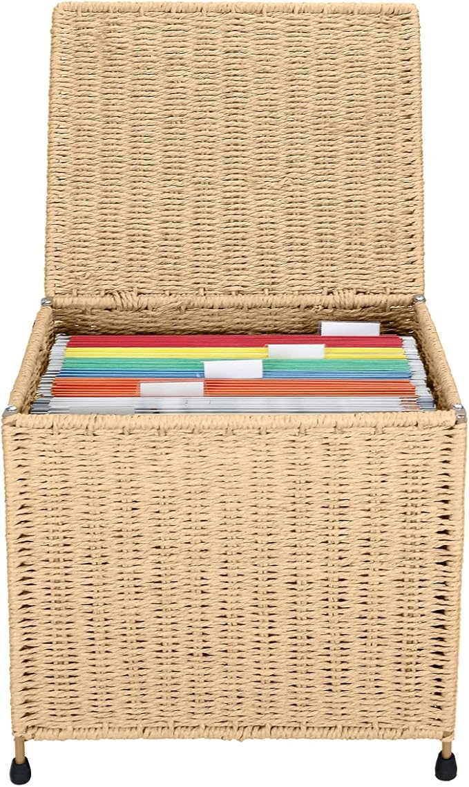 URFORESTIC Seagrass File Filing Cabinet File Box Organizer | Collapsible Letter Size Hanging File Box Organizers with Lid | Decorative Seagrass Filing & Storage Office Box | Letter Size (Natural)