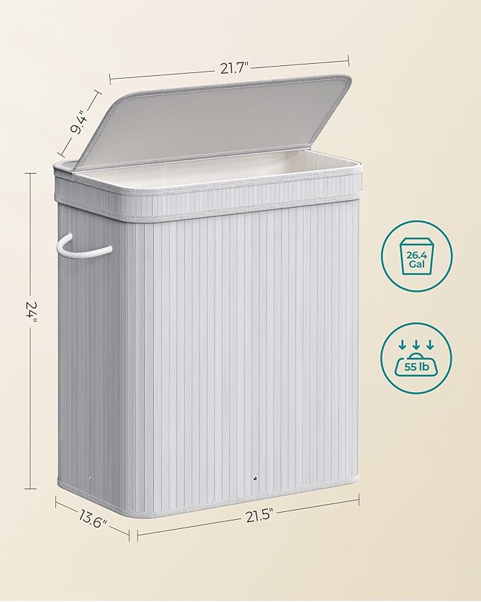 SONGMICS Laundry Hamper with Lid, Bamboo Laundry Basket, Removable Machine Washable Laundry Basket, with Handles, 26.4-Gallons, for Laundry Room, Bedroom, Bathroom, Dove Gray ULCB063G01
