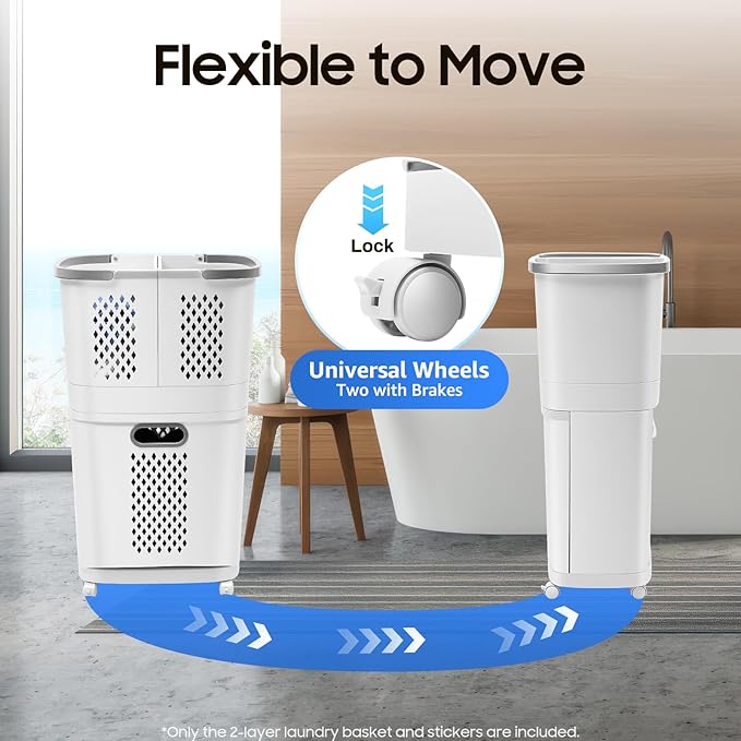 2-Tier Rolling Laundry Hamper Sorter, Portable Laundry Basket Cart with Wheels and Handle, Detachable Rolling Laundry Basket 3 Section, Laundry Sorter for Bathroom, Bedroom