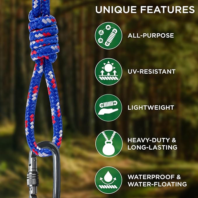 TECEUM Rope – 90 Feet x 1/4 Inch (7mm) – Patriot Mix – Strong All-Purpose Utility Rope – Camping, Crafting, Flag Pole, Indoor & Outdoor – Polypropylene Nylon Poly Lightweight Diamond Braided Cord