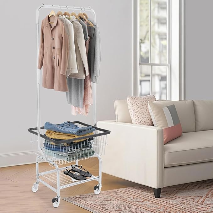 70"H Laundry Cart, Rolling Laundry Basket with Hanging Rack & Wheels, Metal Steel Wire Clothes Hamper with Storage Shelf for Homes, Hotels, Bathrooms & Commercial Laundry, 110lbs Capacity(D)