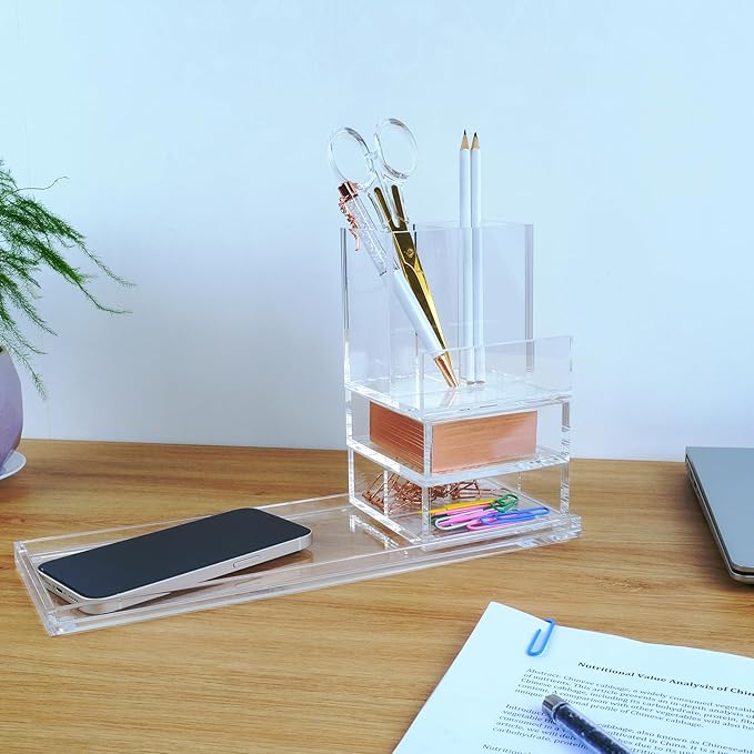 Clear Acrylic Desk Organizer 4-Piece Desk Kit + Free Complimentary Acrylic Ruler, Desktop Organization for Office or Home