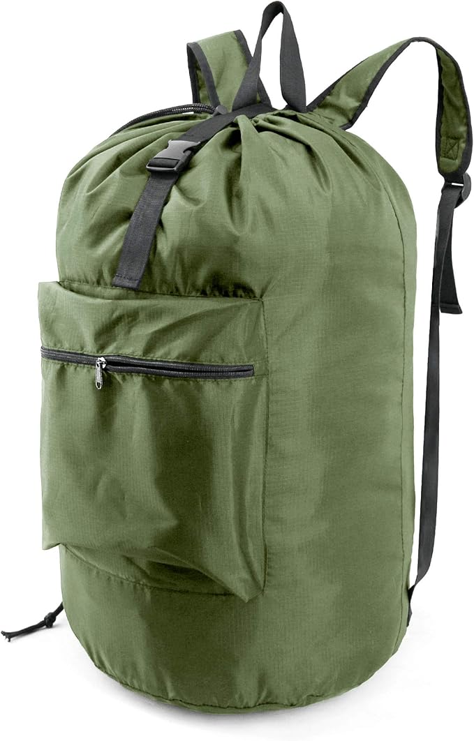 BeeGreen Moss Green Laundry Backpack Bag w Adjustable Shoulder Straps String Closure College Dorm Room Essentials Sturdy Laundry Hamper Portable w Handle XLarge Ripstop for Traveling