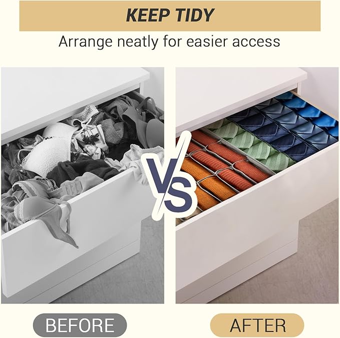 PINGMIC Gray Sock Organizer Divider 2 Pack - 24 Cell Foldable Closet Storage, Tie Organizer For Men Boxes for Socks, Ties, Belts