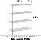 21" Deep x 60" Wide x 74" Height Wire Shelving Kit | 4-Tier | NSF Commercial Storage Rack Unit
