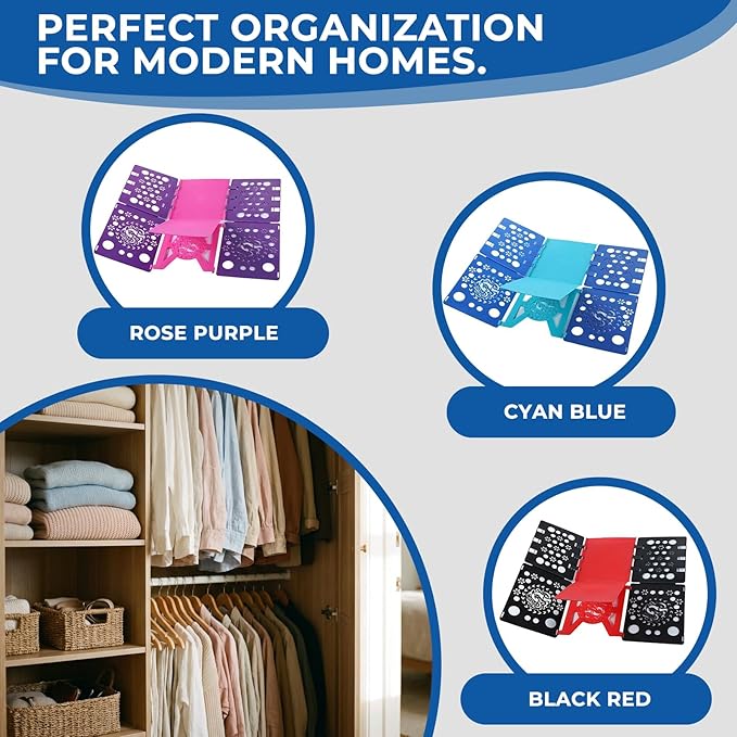 3Pack Foldable Laundry Board | Portable Shirt & Clothes Folder Organizer | Quick Folding Tool for Home & Travel（ Black Red, Cyan Blue, and Pink Purple ）