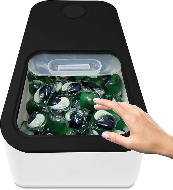 TidyFriend Laundry Pods Container with Slide Lid, 15" x 8.7" x 4.5", Airtight Storage Keeps Pods Fresh, Holds 9–10 lbs or 100–130 Pods, Laundry Detergent Container & Dishwasher Pod Holder (Black)