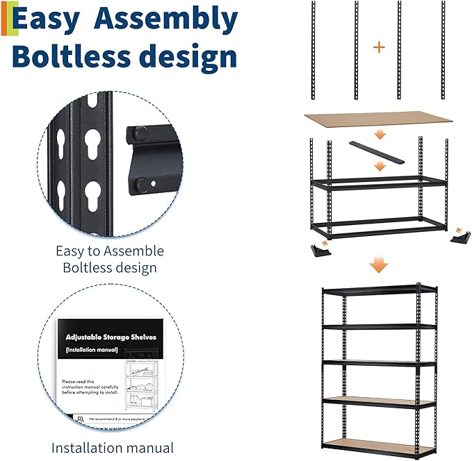 Heavy Duty Garage Storage Shelves, 5-Tier Adjustable Metal Shelving Unit, Up to 2500 Lb Capacity, 48" l x 18" w x 72" h Storage Rack for Kitchen, Pantry, Basement, Bathroom & Laundry