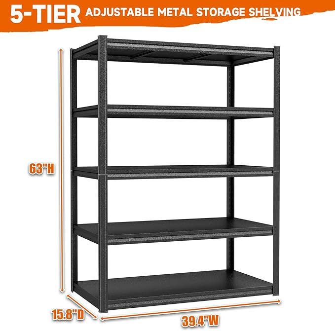 Metal Shelf Adjustable Garage Shelving Unit 3000 LBs Storage Shelves Heavy Duty, 5 Tier Industrial Storage Racks Utility Shelf Organiazation for Tools Garage Basement Warehouse 39.4"W*15.8"D*63"H