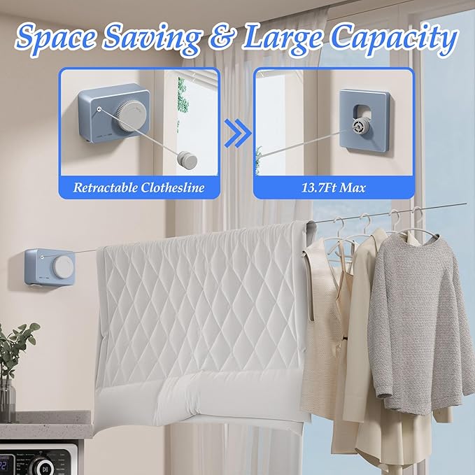 Danpoo Retractable Clothesline for RV, Laundry Room & Outdoor Yard - Heavy Duty Anti-Sag Wall Mounted Clothes Drying Line with Stainless Steel Rope