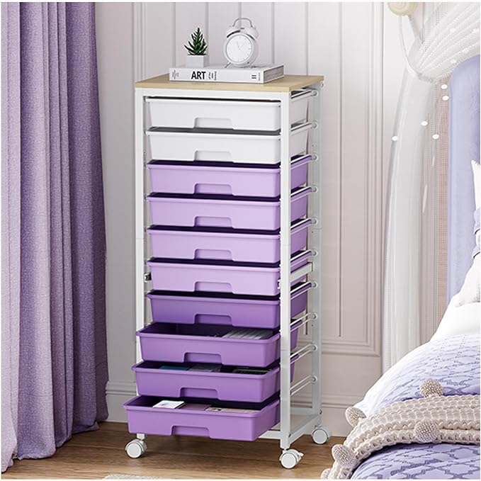 Rolling Cart with Drawers,10 Drawer Rolling Cart,Storage Cart with Wheels,Utility Cart with Drawers,Teacher Cart for Classroom Storage,Craft Cart with Wheels and Wooden Tabletop,Purple