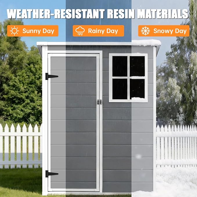 LARBANKE 5×3FT Outdoor Storage Shed with Floor&Window,Waterproof Garden Resin Tool Shed with Lockable Door&Slop Roof&Air Vent,Plastic Storage Shed Suitable for Patio,Backyard,Garden,Gray