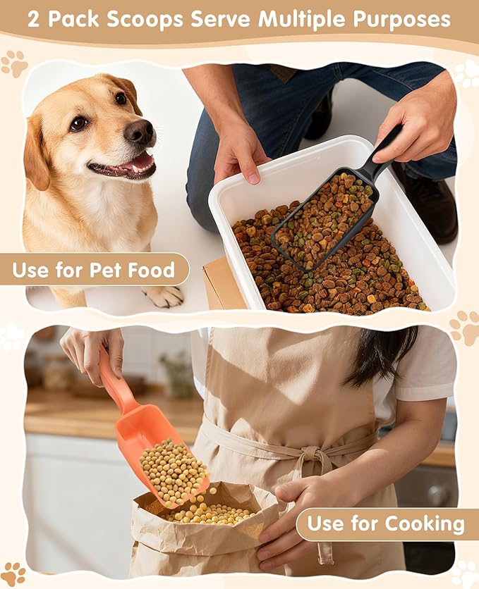 2-Pack Dog Food Scoop 1 Cup, Plastic Pet Food Measuring Scoop With Measuring Lines (1/2 & 1 Cup Markings) for Dogs, Cats, Fish, Bird（Black and Orange)