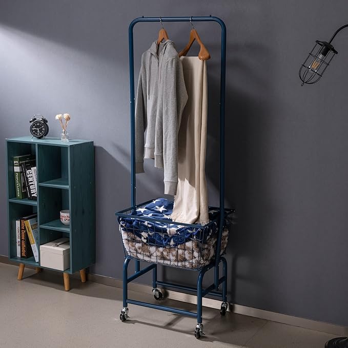 ALIMORDEN Laundry Cart with Clothes Rack, Rolling Laundry Butler with Wire Storage Rack，Navy Blue