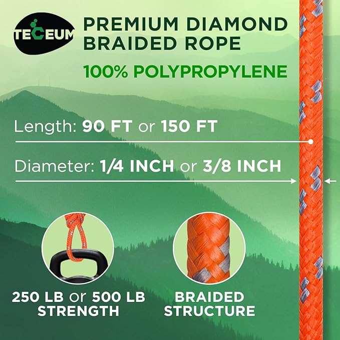 TECEUM Rope – 90 Feet x 3/8 Inch (10mm) – Orange Gray – Strong All-Purpose Utility Rope – Camping, Crafting, Flag Pole, Indoor & Outdoor – Polypropylene Nylon Poly Lightweight Diamond Braided Cord