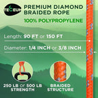 TECEUM Rope – 90 Feet x 3/8 Inch (10mm) – Orange Gray – Strong All-Purpose Utility Rope – Camping, Crafting, Flag Pole, Indoor & Outdoor – Polypropylene Nylon Poly Lightweight Diamond Braided Cord