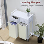 Laundry Hamper, Laundry Sorter 2 Section, Rolling Laundry Basket with Wheels, 2 Drawers, 2 × 14.5 Gal (55 L), Pull-Out and Removable Oxford Fabric Bags, White and Beige
