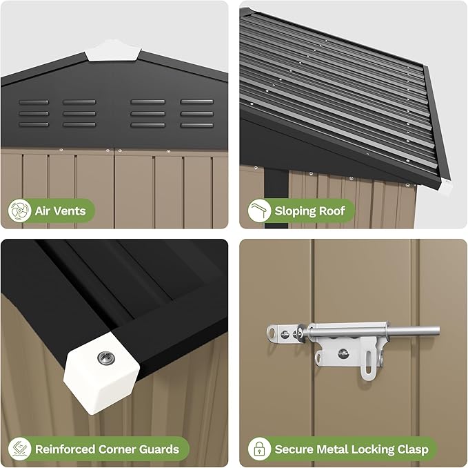 Devoko 8 x 6 FT Metal Storage Shed with Floor Frame Waterproof Garden Tool Shed with Lockable Door, Outdoor Shed Storage House for Backyard Patio Lawn, Brown