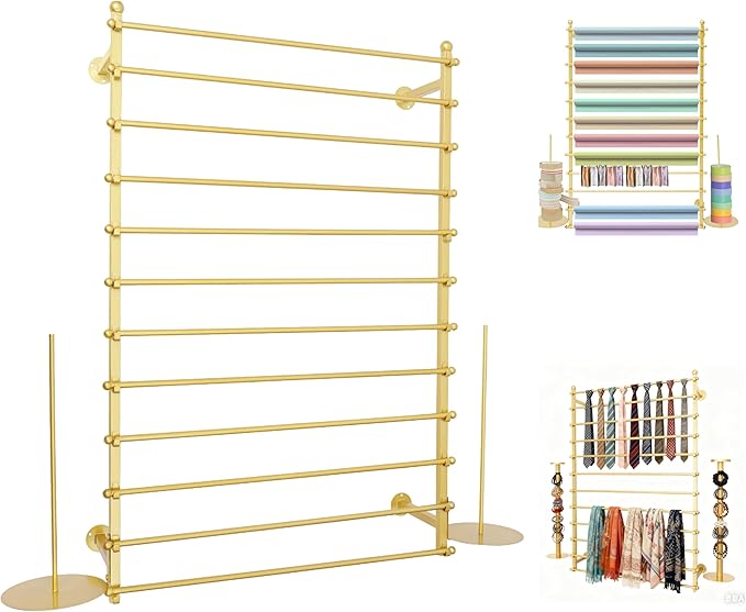 12 Layers Gold Wall Display Stand Wrapping Paper Ribbon Organizer Tie Scarf Rack Belt Towel Holder Spool Hijab Stand Metal Shelving for Home, Retail Stores, Flower Shop, Studio, Sewing-80cm