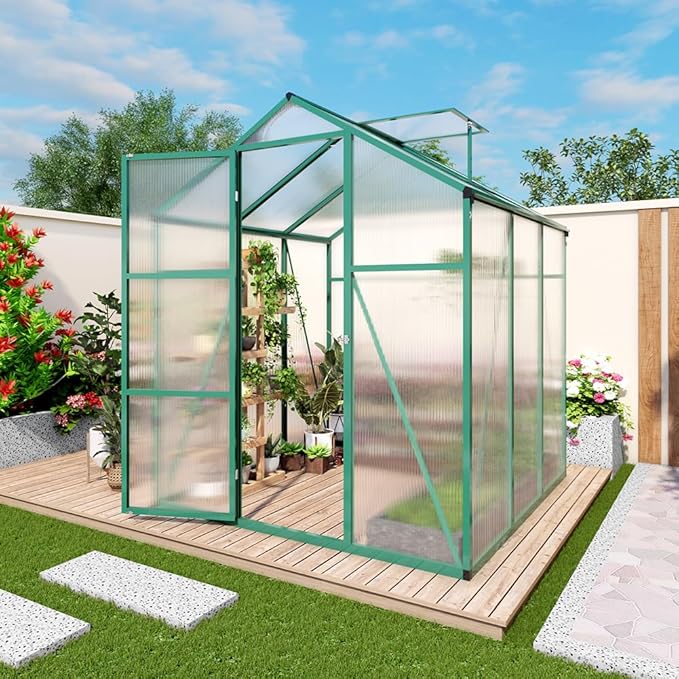 Polycarbonate Greenhouse with Rain Gutter and Roof Vent, Raised Base and Anchor Aluminum Heavy Duty Walk-in Green House, Outdoor Patio Sunroom for All Season (Green, 97*72.83*86.42in)