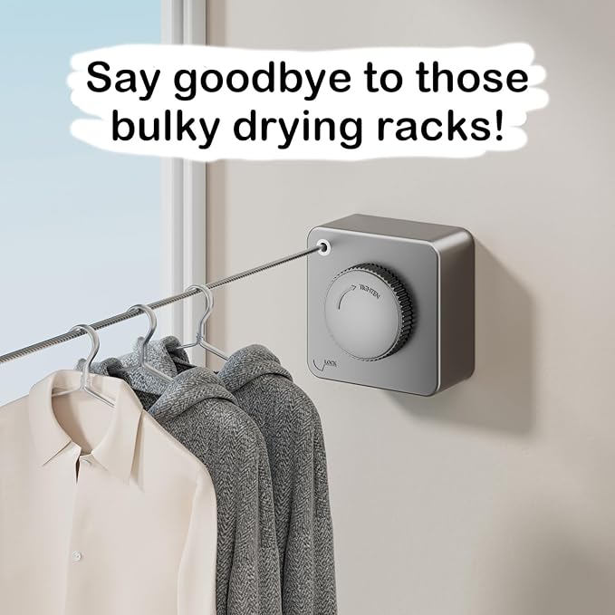 JXKNKSR-Telescopic Clothesline Indoor and Outdoor, Heavy-Duty Laundry Line, Wall Mounted, Safety Lock System (Gray+10Clothes Pins)