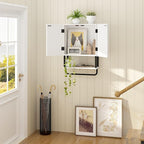 RUSTOWN Fluted Bathroom Wall Cabinet with 2 Doors, 3-Tier Modern Farmhouse Medicine Cabinet, Over The Toilet Storage Cabinet with Adjustable Shelf and Towel Bar(White, Small)