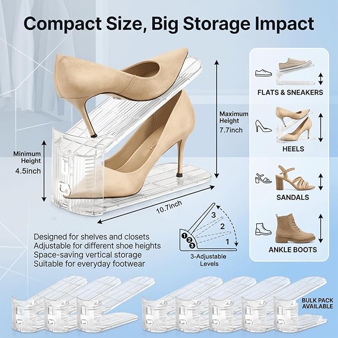 14 Pack Shoe Slot Organizer, Double Layer Space Saver, 3 Levels Adjustable, Durable and Stackable Shoe Holder for Sneakers Heels and Flat.