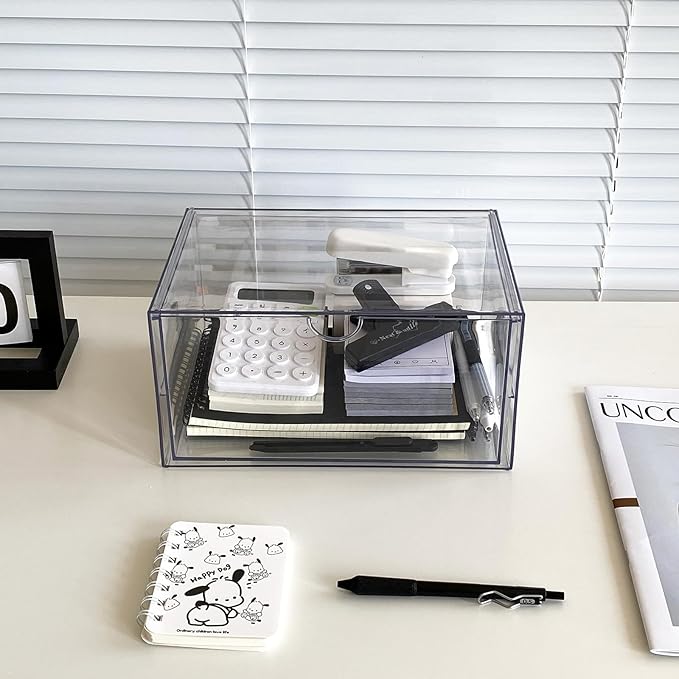 Clear Desk Organizers and Accessories, 2 Pack Plastic Drawer Organizer for Office Supplies, Marker Pen, Art Crafts, Stationery, Coffee Pods, Stackable Home Storage (2 Drawers)