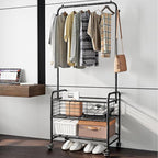 SUOERNUO Laundry Cart with Hanging Rack Rolling Laundry Hamper Sorter with Wheels Shelf,Black