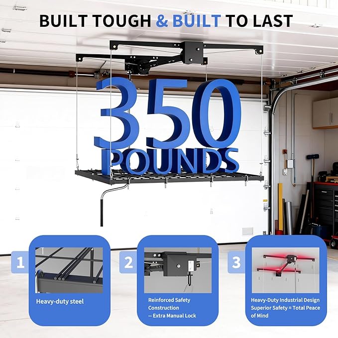GAOMON Overhead Ceiling Storage Rack 4x4 ft,Heavy-Duty Carbon Steel Garage Lifting Rack with Manual Hand Crank, Adjustable Height, 350 Lbs Capacity, Maximizes Overhead Space for Garages, Basements