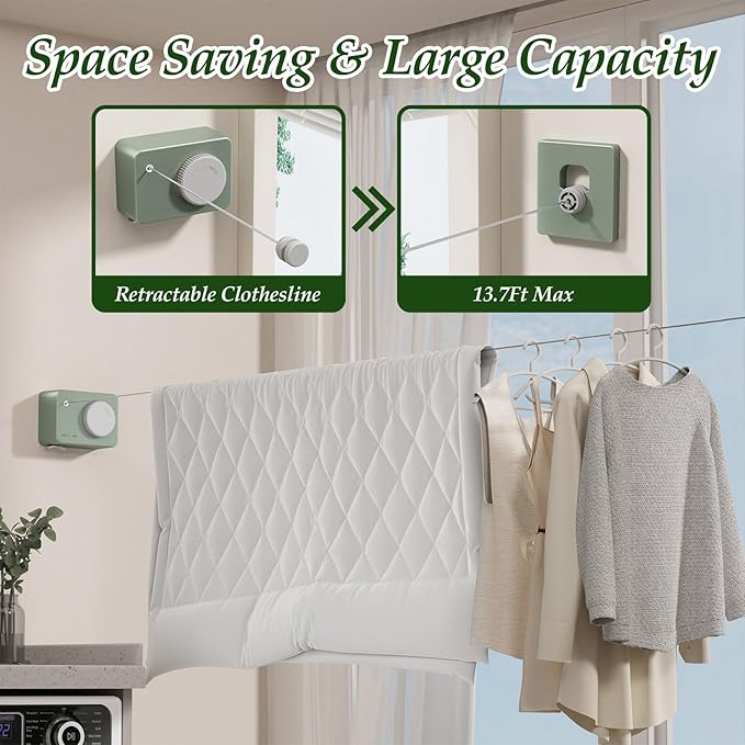 Danpoo Retractable Clothesline for Indoor/Outdoor Use - Adjustable 13.8ft Rust-Resistant Clothes Drying Line with Anti-Sag Function, Compact Design for Apartments, RV, Balcony & Laundry