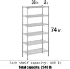 18" Deep x 36" Wide x 74" Height Wire Shelving Kit | 6-Tier | NSF Commercial Storage Rack Unit
