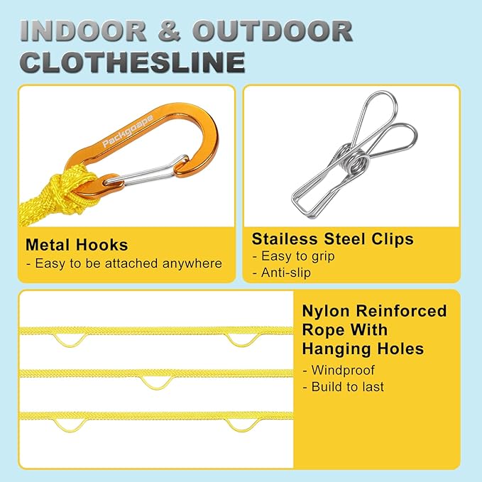 Portable Travel Clothesline, Windproof Clothes Laundry Line with Clothespins & Hang Holes, Indoor & Outdoor Clothes Drying Rope for Hotel, Backyard,Cruise Ships, Camping (Yellow, 12.5 Ft)