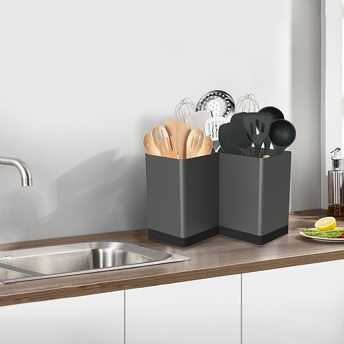 Suli Utensil holder, Kitchen Utensil Organizer for Corner Countertop,Extra Large Silverware Organizer with 3 Compartments,Farmhouse Decor, Iron, Grey