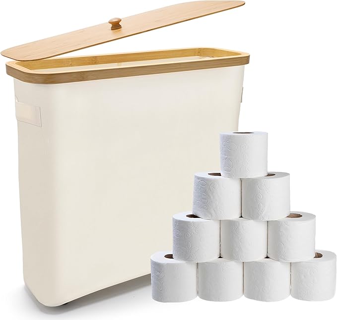 24L Toilet Paper Storage with Bamboo Lid and Anti Slip Foot Nail for 12-Roll Standard Toilet Paper Container Oxford Storage Holder with Handle Beige