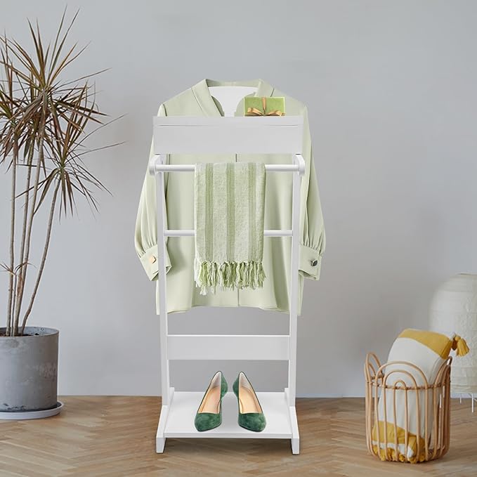 Valet Stand for Man, Suit Clothes Wood Stands, Wooden Coat Hanger Rack with Top Tray, Clothing Rack Organizer with Shoe Rack & Lidded Storage, Freestanding Belt Holder Mens Valet Stand (White)
