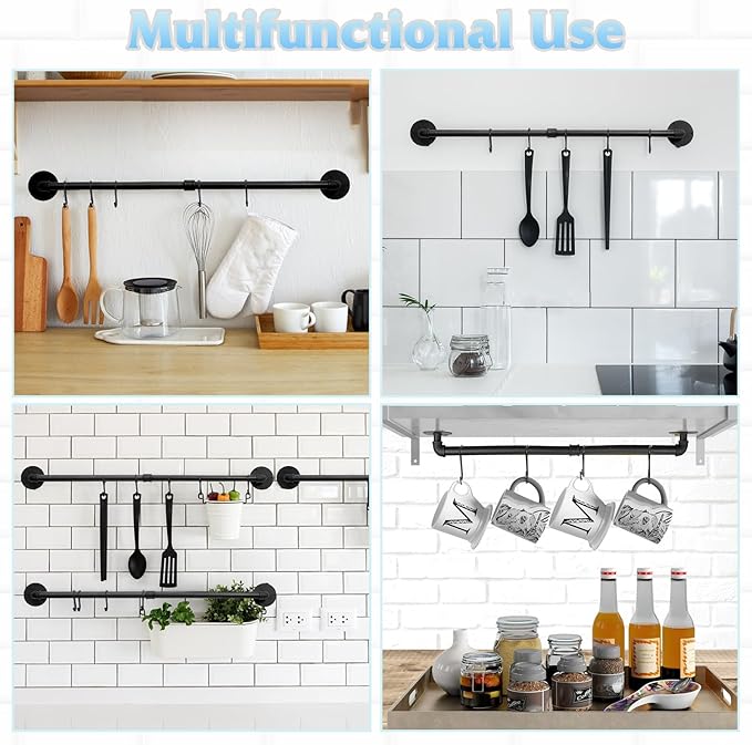 24 inch Pan Rack Wall Mounted Set of 2, Pan Hangers for Kitchen, Industrial Pipe Utensils Hanging Rail Detachable Storage Organizer, Iron Lids Holder with 10 S Hooks