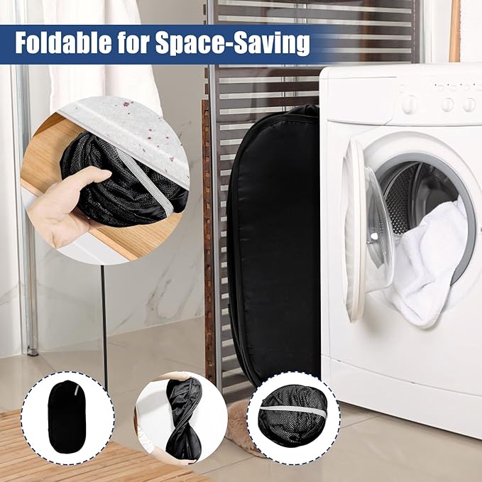 Collapsible Laundry Baskets, Upgrade Pop Up Laundry Hamper with Convenient Bags, Foldable Laundry Basket Mesh Light Weight, Easy to Carry Clothes Hampers for Laundry, Dorm, Toys, Travel Black