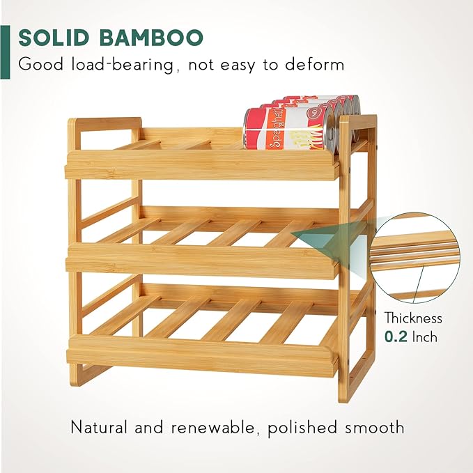 Bamboo Can Organizer for Pantry, 3 Tier Stackable Can Storage Organizer Pantry with Label Sticker and Marker Pen, Can Holders for Cabinet and Can Rack Organizer (Natural Bamboo)