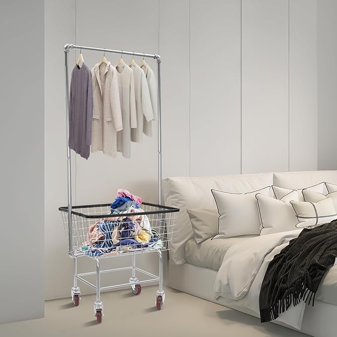 Steel Wire Laundry Cart with Wheels, Heavy Duty Rolling Laundry Basket with Hanging Rack, Large Metal Storage Cart for Laundry, Clothes, Towels, Bathroom, Commercial Laundry Organizer (Style1)