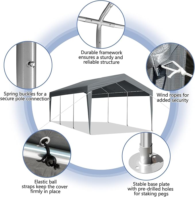 VINGLI 12x20 Carport Canopy with Galvanized Steel Frame, Portable Heavy Duty Garage with Water-Proof Covers for Cars, Boats, Trucks, Dark Gray